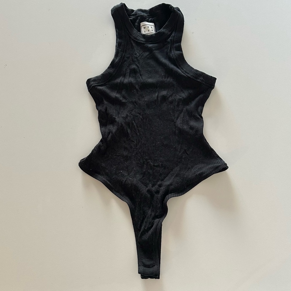 Wesley Bandier Rib Knit Bodysuit High Neck Black Tank S